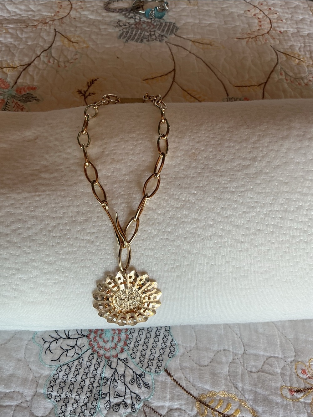 Anthropologie Gold Floral Medallion Link Necklace
